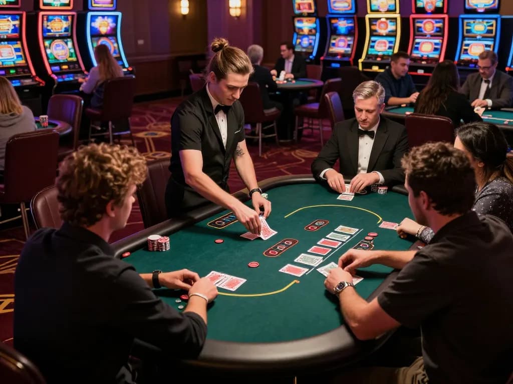 Players engaging in strategic action at KJC poker table under ambient casino lighting.