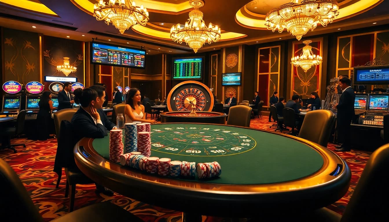 Players placing bets at a high-stakes poker table in 6RWIN casino setting with elegant ambience.