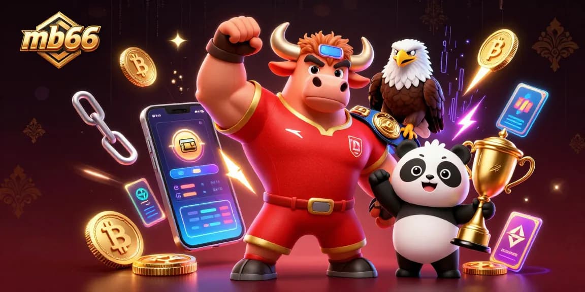 Bet on mb66 with an energetic scene featuring a muscular bull, eagle, and panda amidst neon crypto elements.