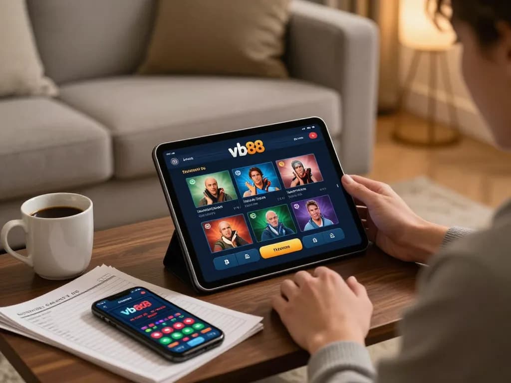 Engaging in online gambling with vb88 on a tablet at home, showcasing strategic gameplay