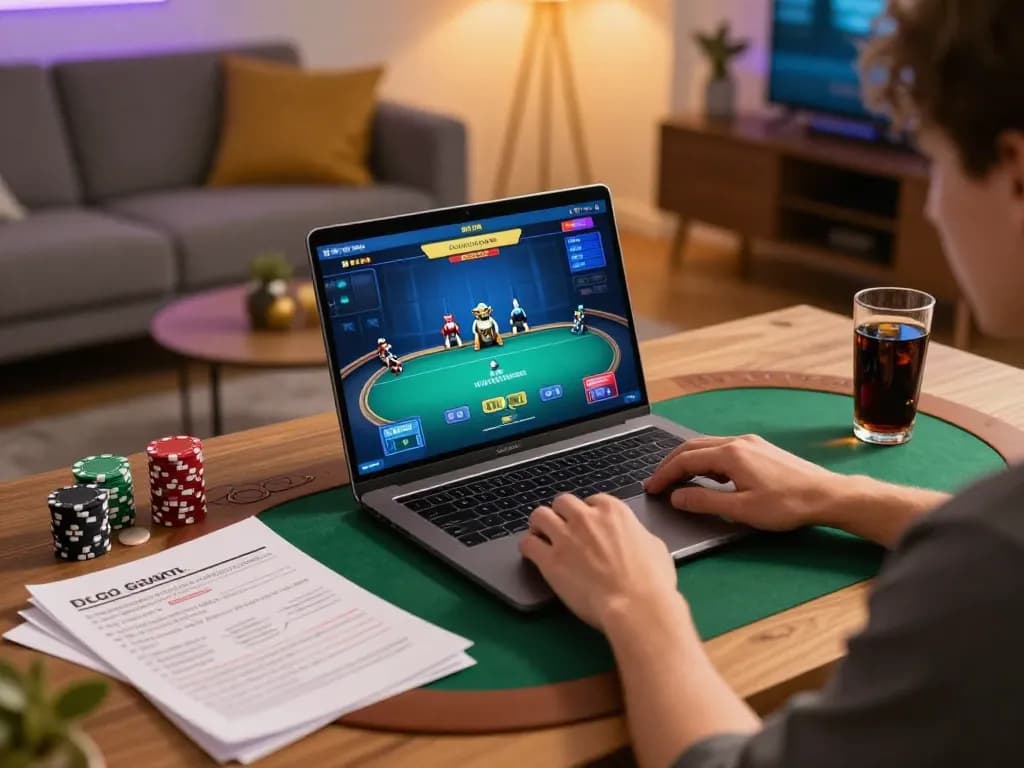 F168 user enjoying online poker game while analyzing strategies in a cozy home setting