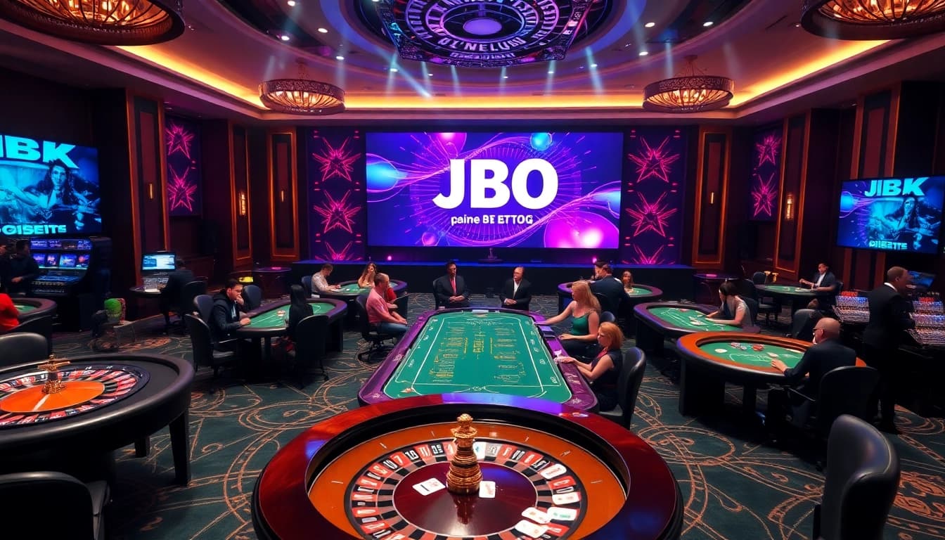 Experience excitement at JBO with a vibrant casino scene showcasing live betting and sophisticated decor.