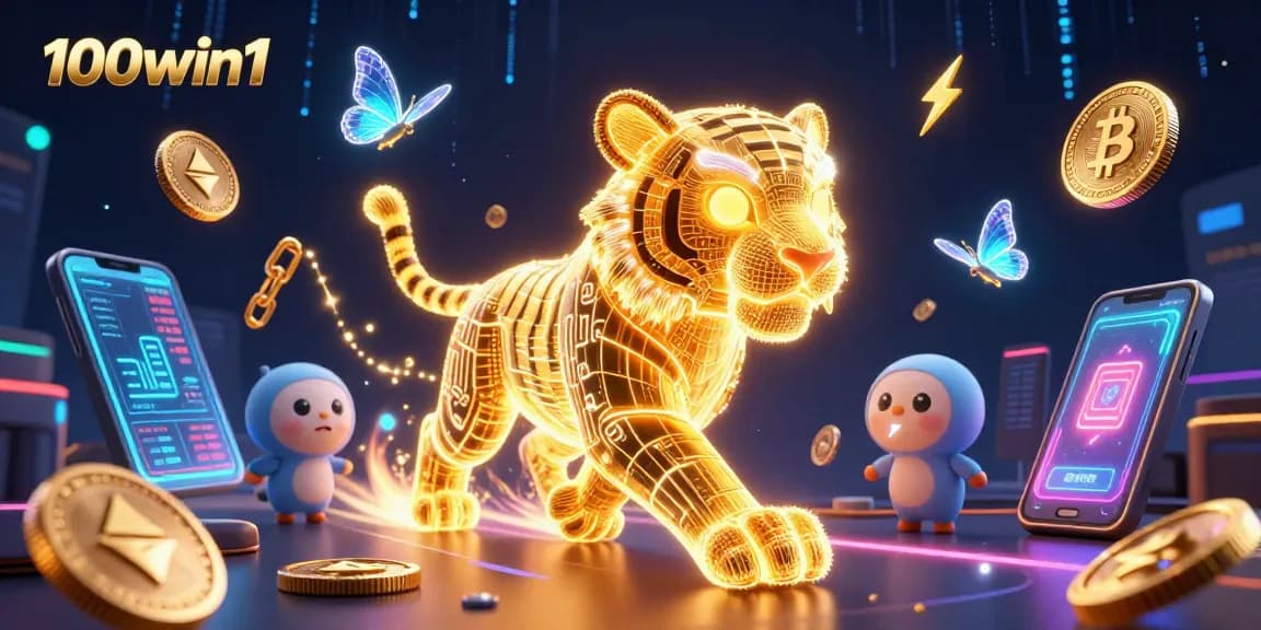 Experience the thrill of 100win1 with neon-energy tiger prowling a digital casino.