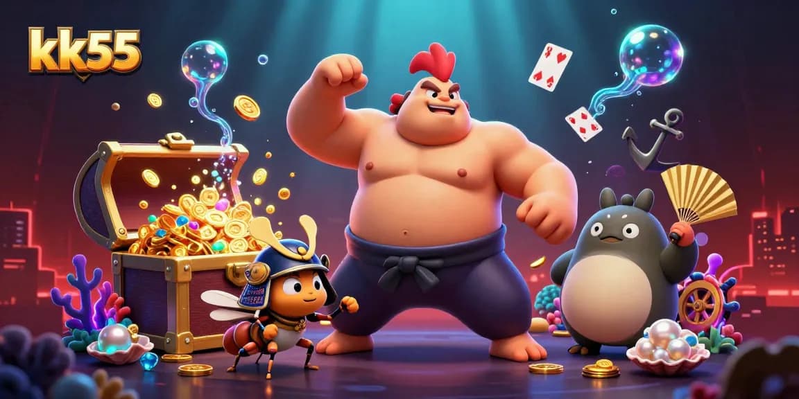 kk55 showcases a dynamic sumo wrestler rooster stomping amidst casino treasures and game elements, promoting exciting gambling.
