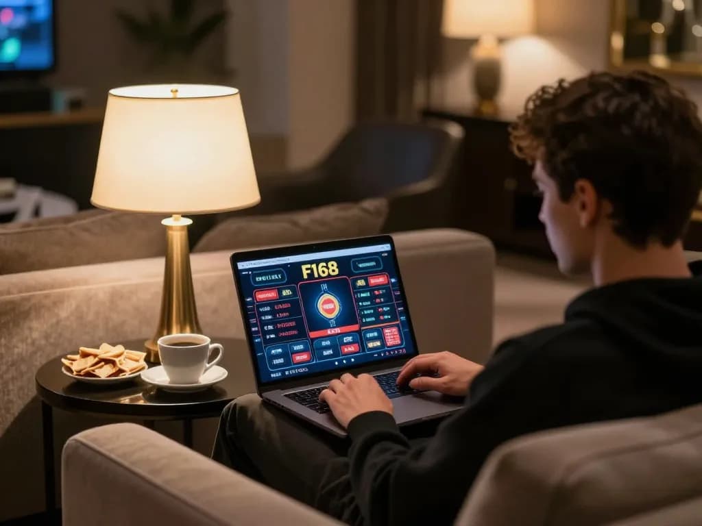 Engaged player enjoying F168 online gaming experience on laptop in a cozy setting