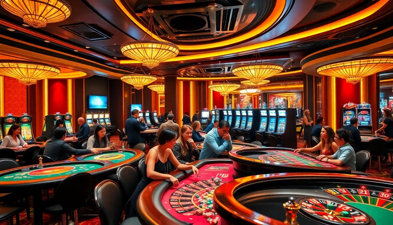 Experience the excitement at S8 com with players enjoying diverse casino games amid a vibrant atmosphere.
