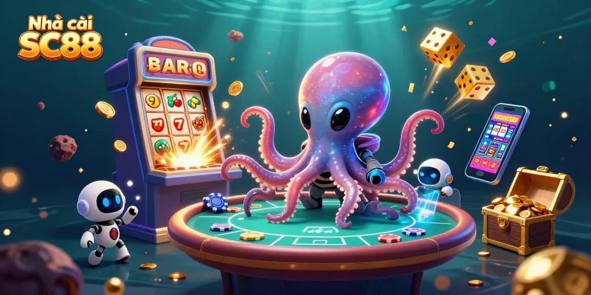 Engage with excitement at Nhà cái SC88 featuring an alien octopus and jackpot slots.