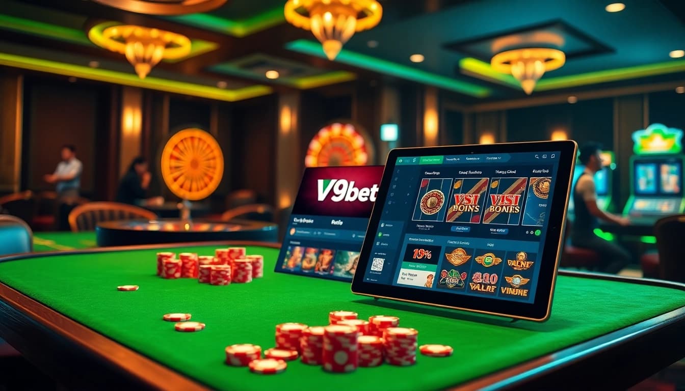 Players engaging in betting activities on the Trang chủ V9bet with vibrant casino elements and a luxurious atmosphere.
