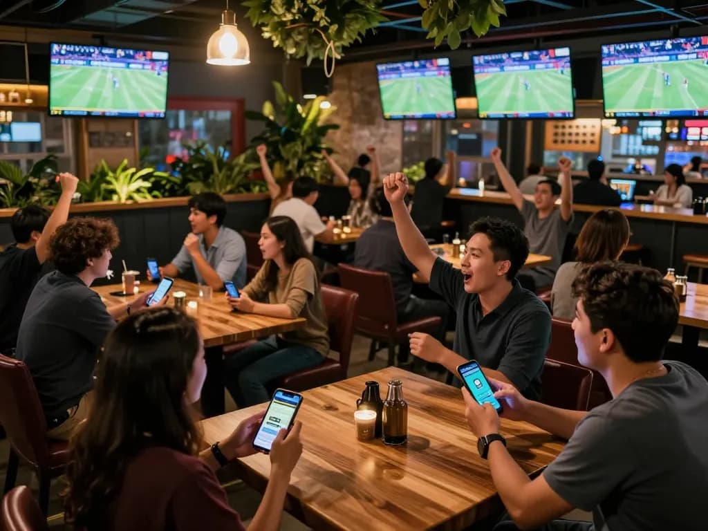 Kèo Nhà Cái sports betting scene with excited patrons watching live games and using betting apps in a modern venue.