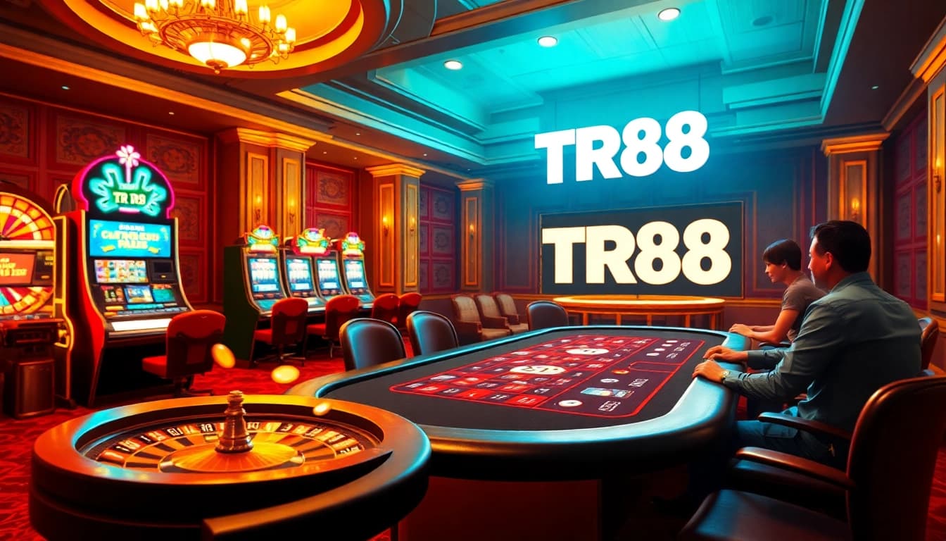 Engage in high-stakes poker action at TR88 casino with vibrant tables and slot machines.