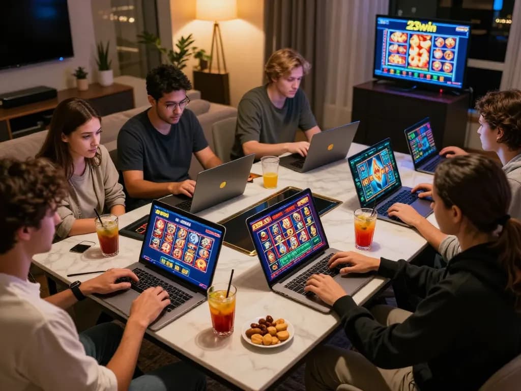 Players enjoying interactive gameplay on casino 23win, showcasing diverse gambling options in a vibrant home setting
