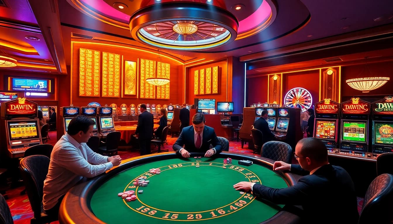 Engaging players at the luxurious casino of nhà cái 13win, featuring poker and slot games.