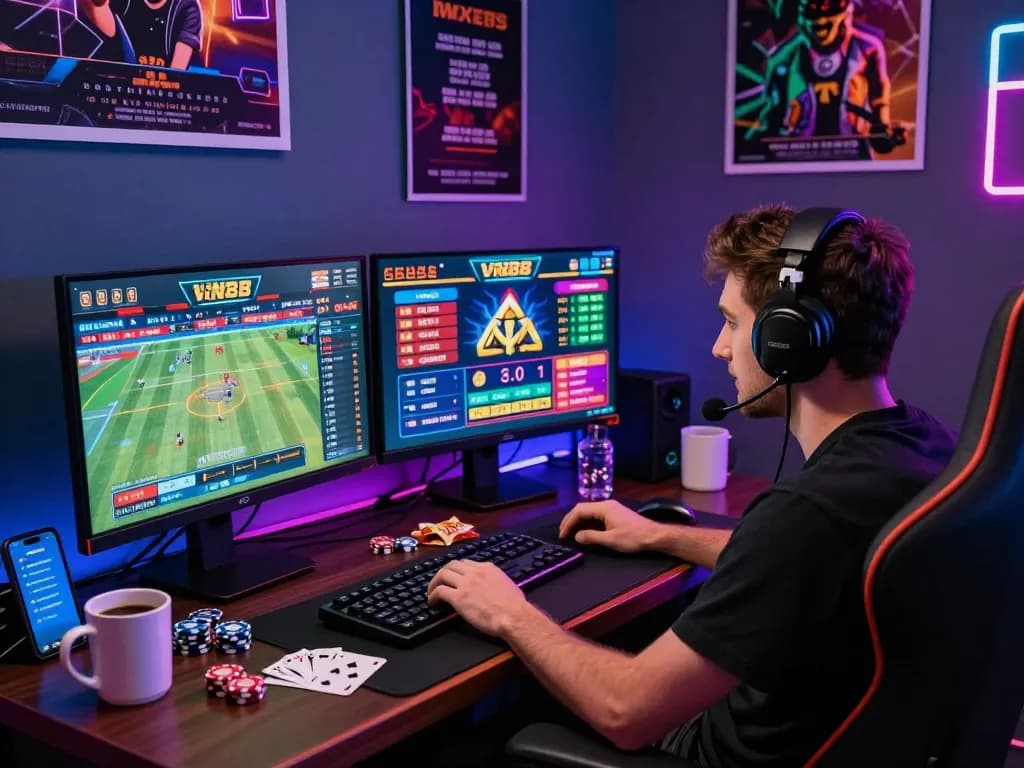 Engaged player using VN88 for online betting in a dynamic gaming setup.