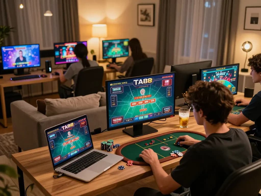 Engaging user exploring TA88 online casino experiences, showcasing vibrant gaming atmosphere, and immersive technology.
