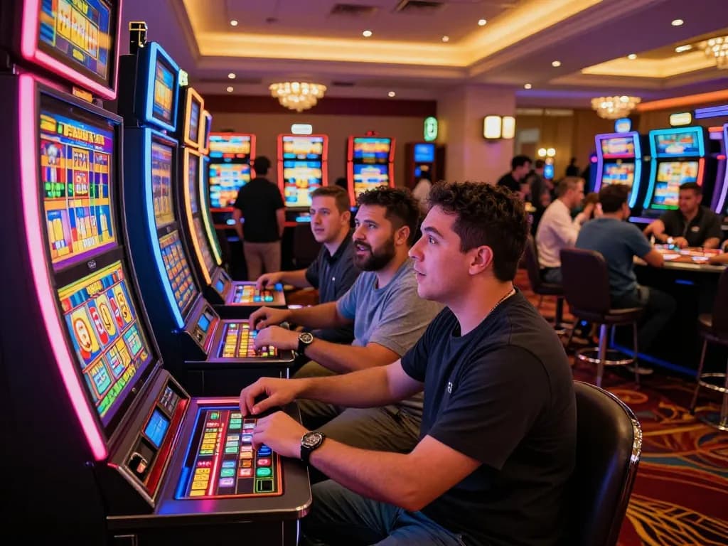 Excited players engaging in 58 win at vibrant slot machines in a bustling casino.