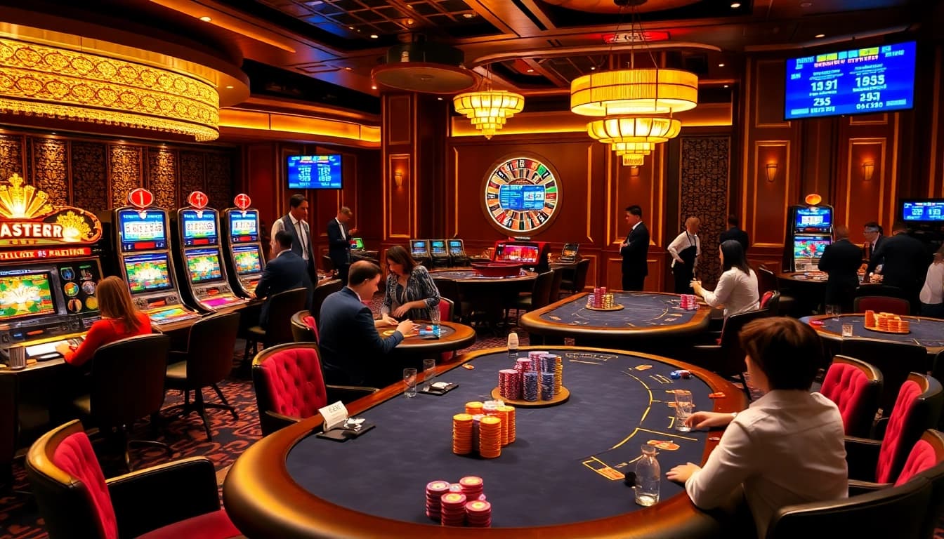 Experience the excitement at Nhà cái S8 with vibrant slot machines and engaging poker tables in a luxurious casino.