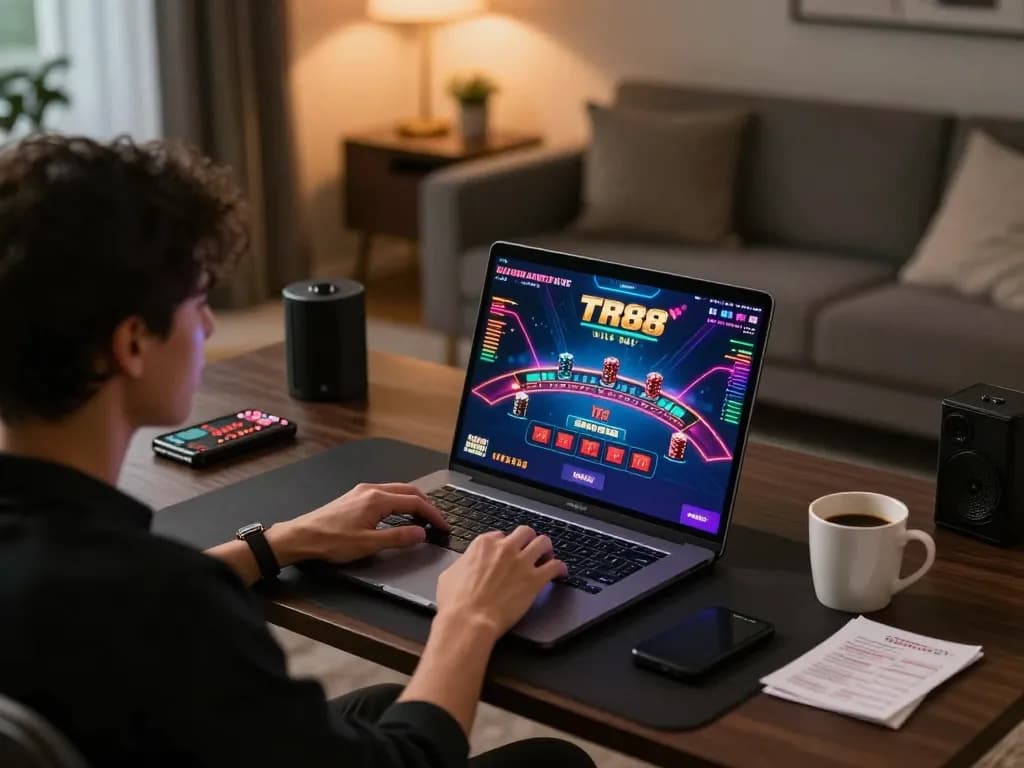 Engaging in a strategic game of TR88 blackjack on a laptop with stylish home decor.