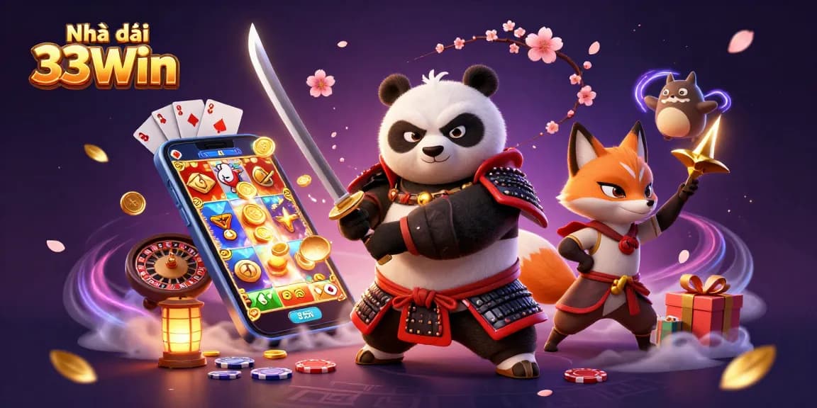 Experience the thrill of Nhà cái 33Win with an action-packed illustration showing gaming excitement and rewards.