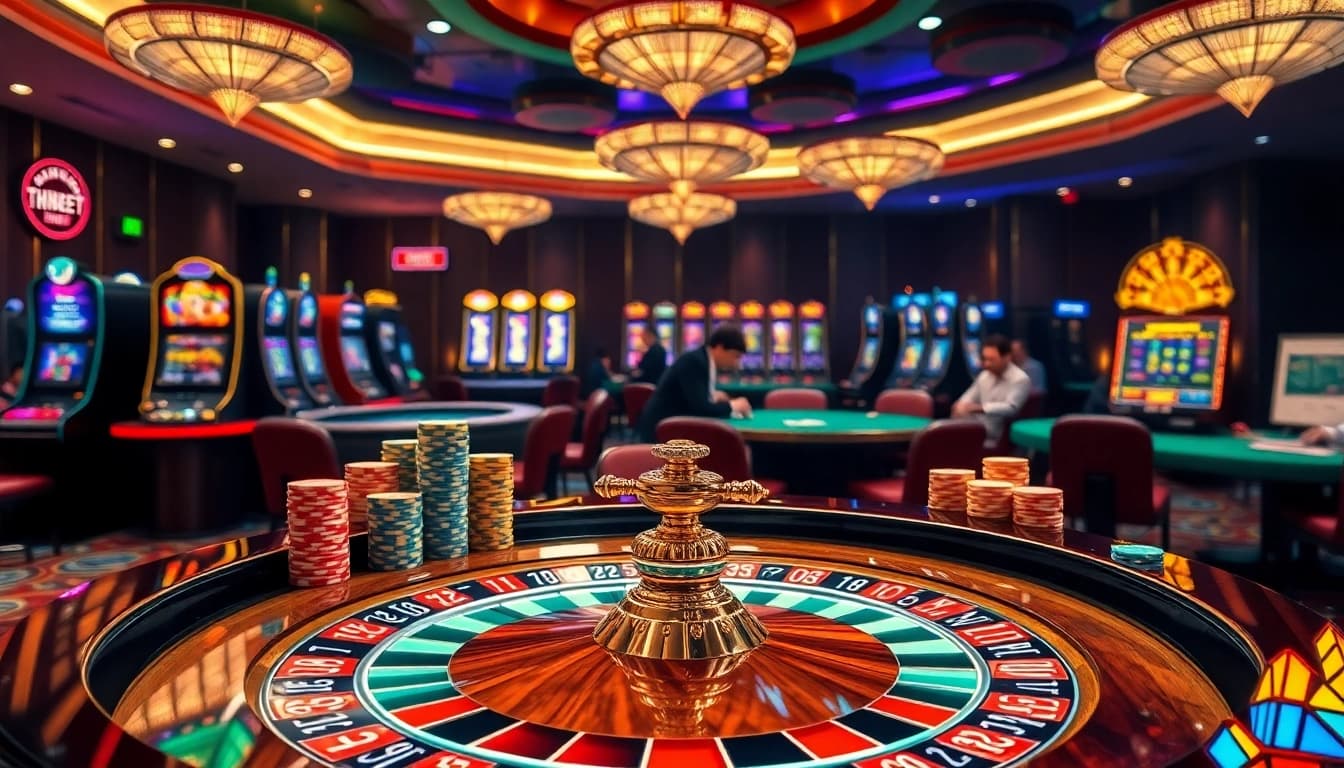 Players engaging with Thabet77's exciting casino games at a luxurious gambling venue.