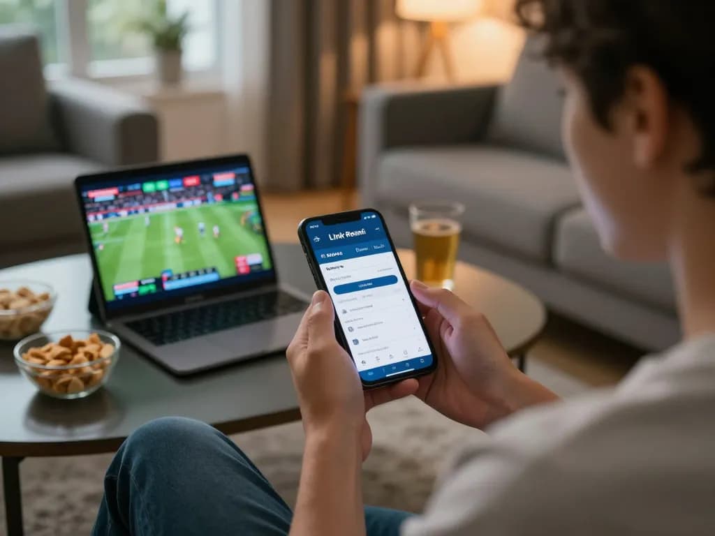 Engaging activity with Link Resmi Parlay Golbos app on smartphone, highlighting sports betting in a relaxed home setting.
