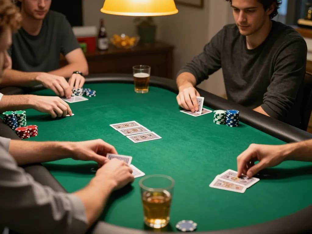 VIN88 players engaged in thrilling poker action with vibrant chips and cards at a cozy game night.