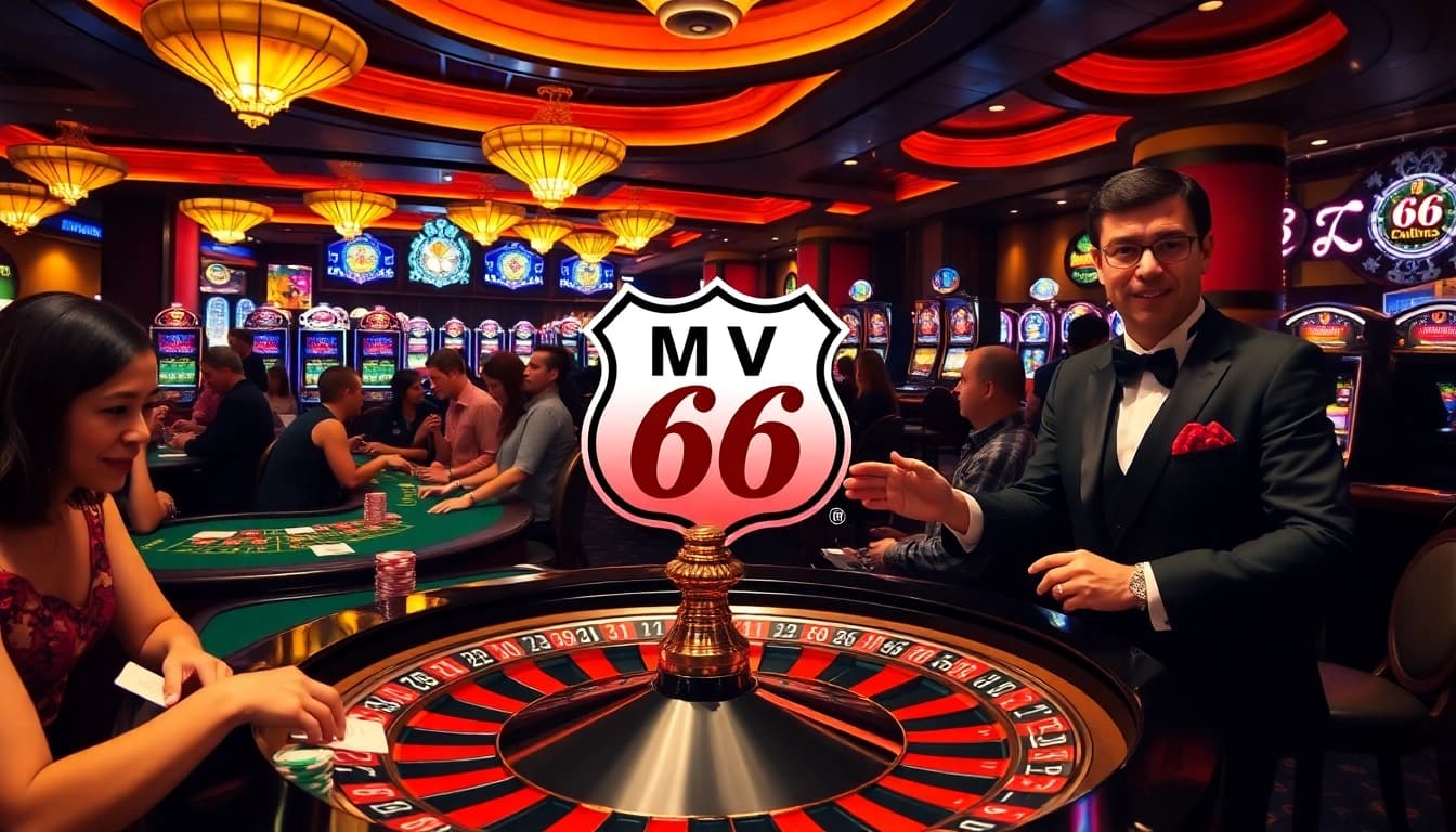 Exciting casino action with MV 66 roulette wheel and players betting at luxurious tables.
