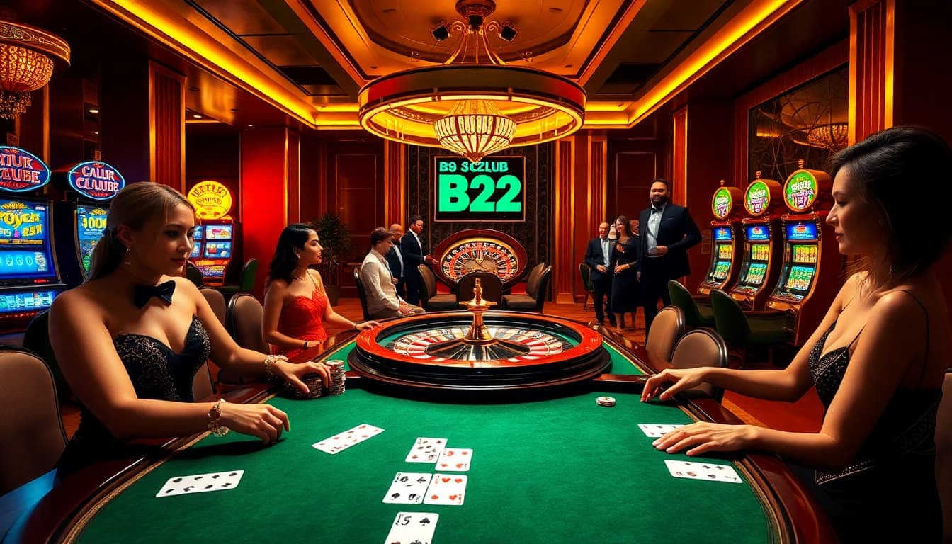 B52 CLUB players engaging in a thrilling poker game at a luxurious casino table
