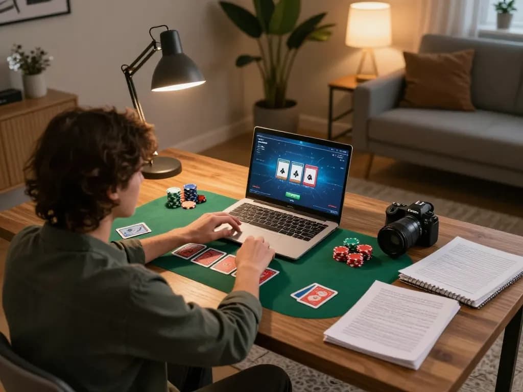 Engaging home poker session at 88CLUB with player analyzing strategy and cards.