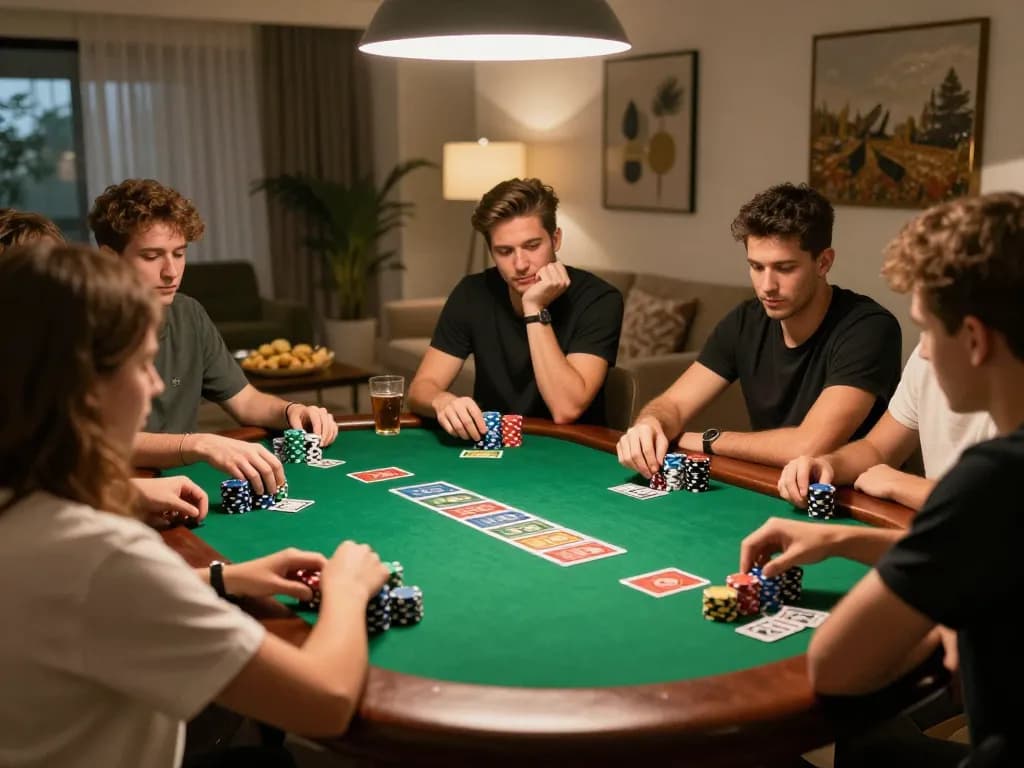 Friends enjoying a lively poker game with chips and cards during an FC88 gaming night at home.