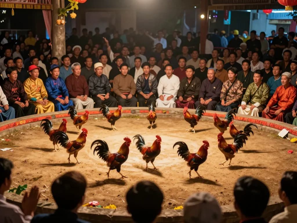 Experience the thrilling action of đá gà thomo as game cocks compete in a vibrant arena filled with passionate spectators.