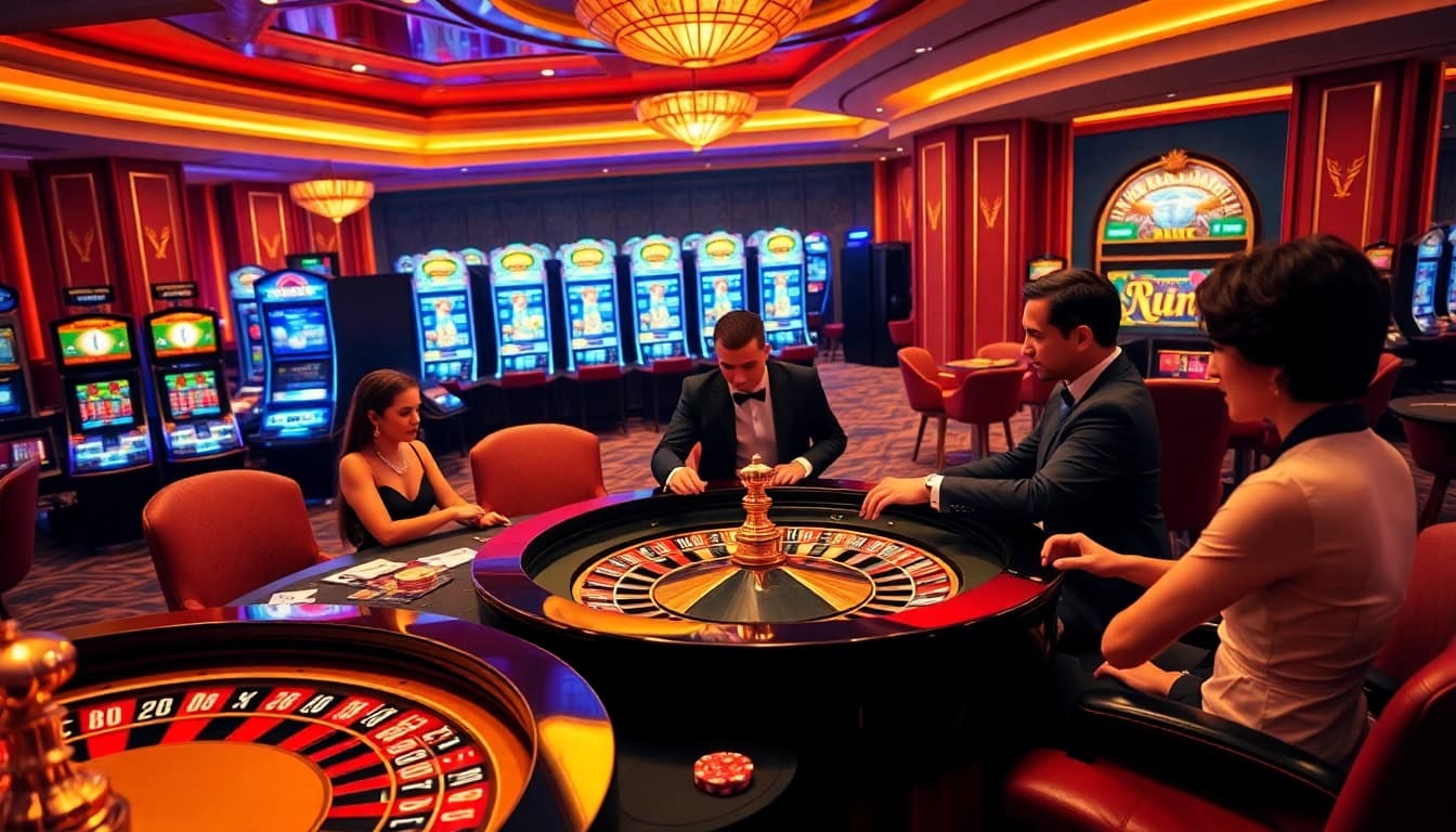 Experience the thrill of online gaming at 8KBET with players enjoying a luxurious casino atmosphere.