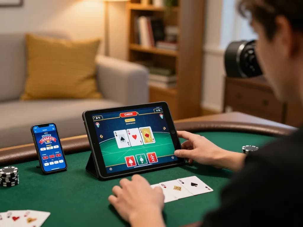 Experience strategic poker gaming on yo88i in a cozy home setting, highlighting tablet gameplay and atmosphere