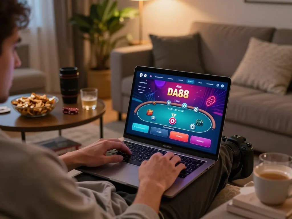 Engaged player using DA88 poker app on laptop in a cozy home setting, showcasing dynamic gameplay.