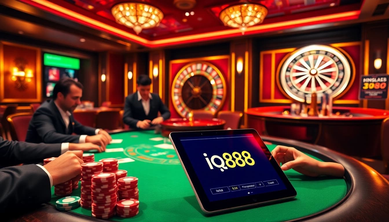 Players are strategizing at an iq88 poker table, showcasing high-stakes gaming excitement.