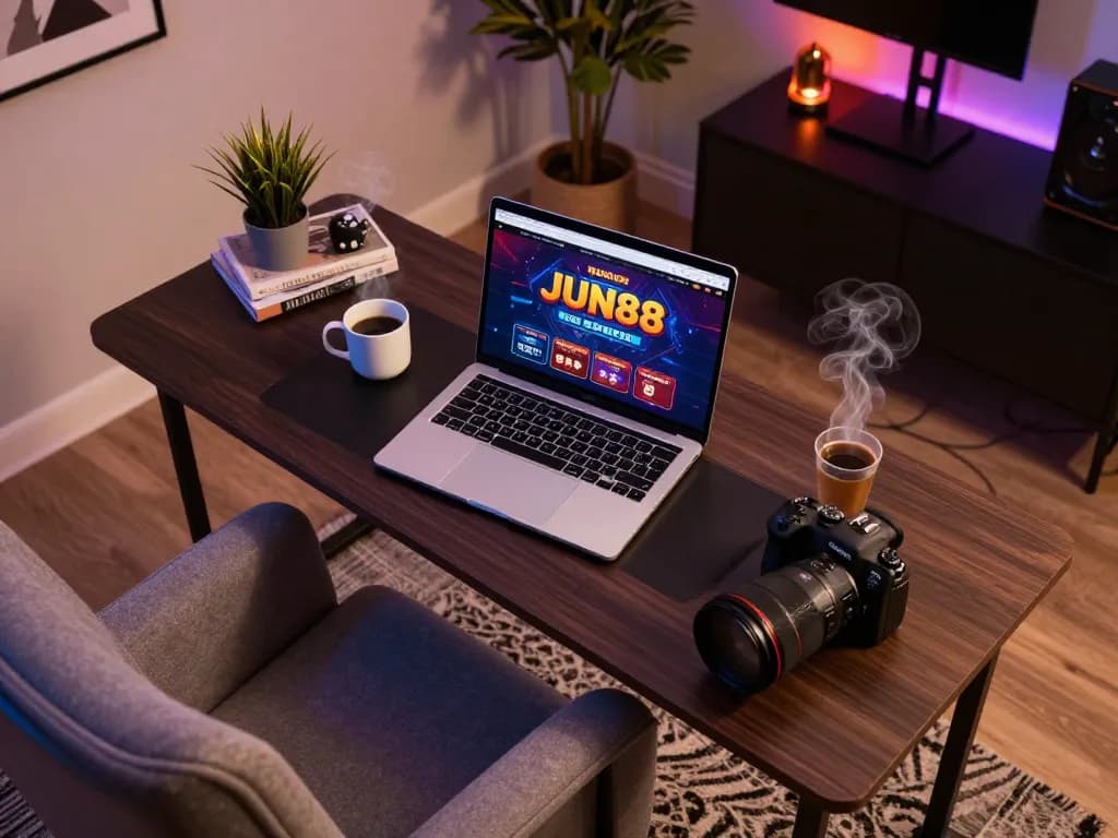 Engaging online gaming experience at JUN88 with laptop displaying casino games and cozy atmosphere.