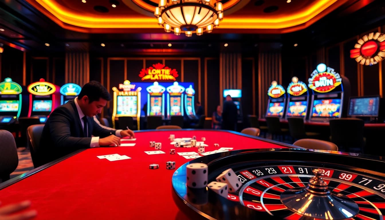 Players strategizing at a high-stakes table in a luxurious setting, showcasing lo de uy tin online gambling excitement.