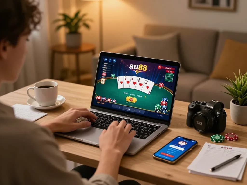 Player enjoying online poker on au88 platform with strategic notes nearby in a cozy setting.