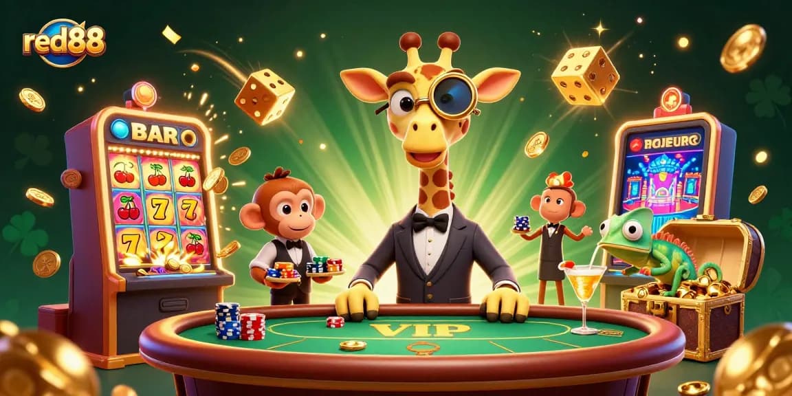 Experience the excitement of red88 with a high-roller giraffe at a vibrant casino scene.