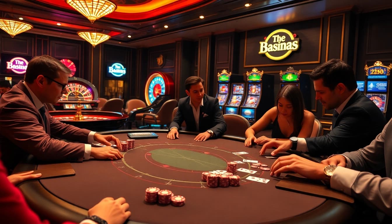 Engaged players at a poker table in a luxury setting, showcasing HZ88's thrilling casino vibe.