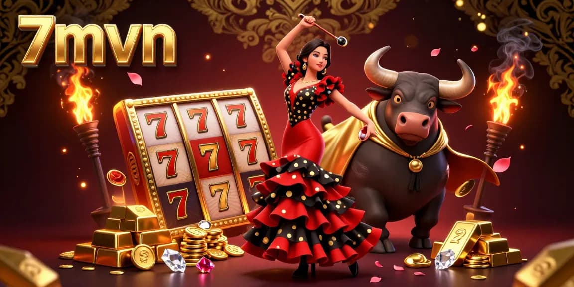 Engage with thrilling gaming action at 7mvn, featuring a vibrant flamenco dancer and a fighting bull amidst slot reels and riches.