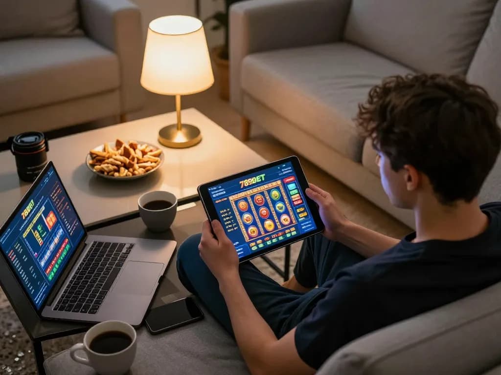 Engaging with 789BET slot games on a tablet in a cozy home setting.
