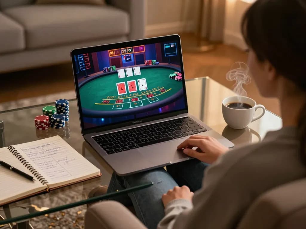 B52 players engaging in live dealer blackjack game on a laptop with strategic notes nearby.