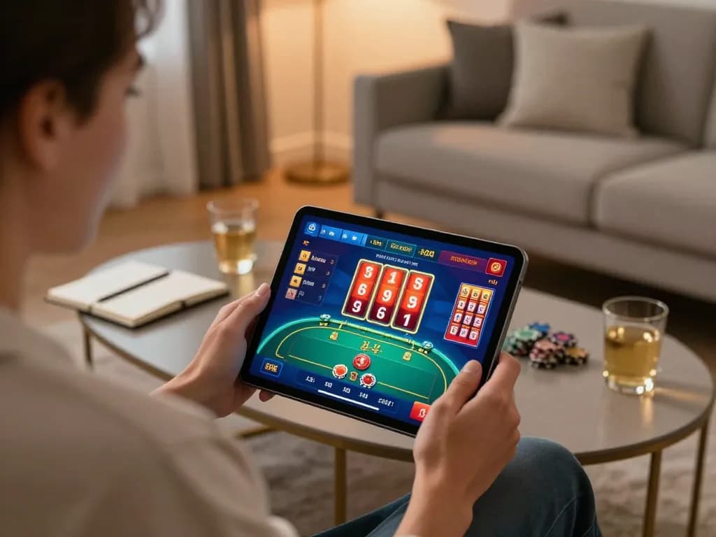 Engaged viewer enjoying CM88 online casino games on a tablet in a cozy setting