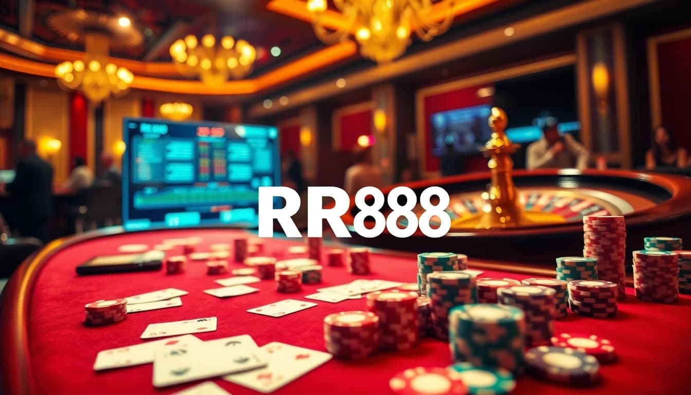 Experience the excitement of RR88 at a luxurious casino table with vibrant chips and cards.