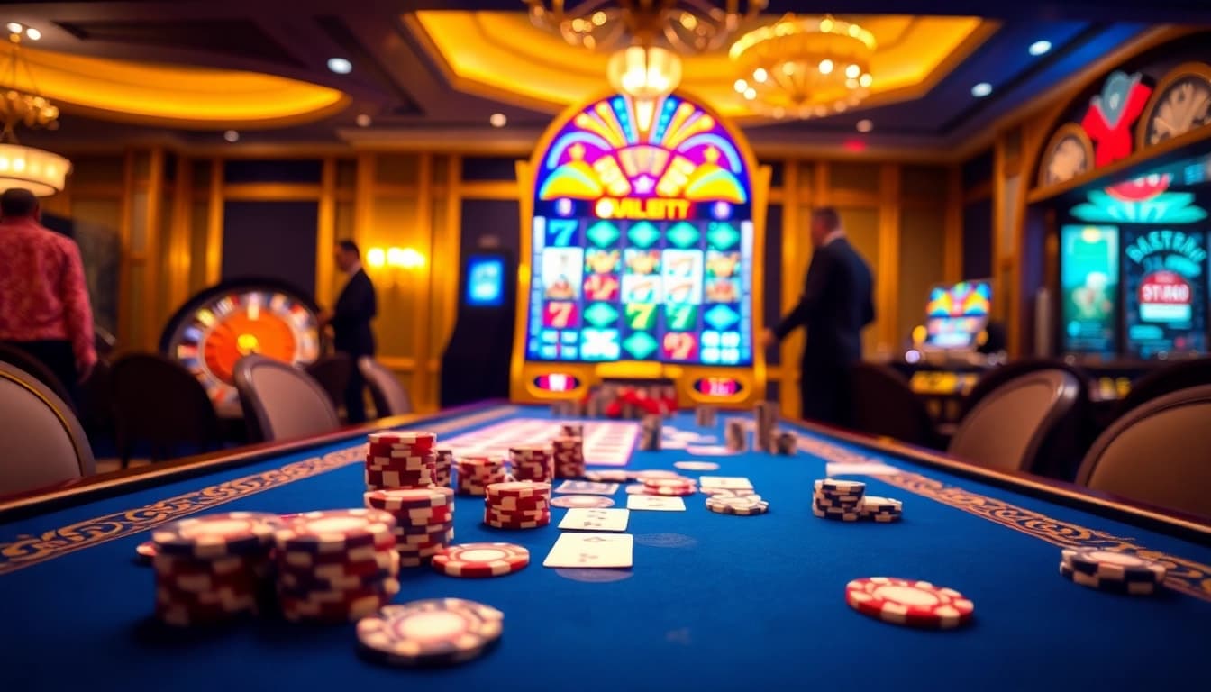 High-stakes gambling at a luxurious casino table showcasing poker action from https://58win.surf/.