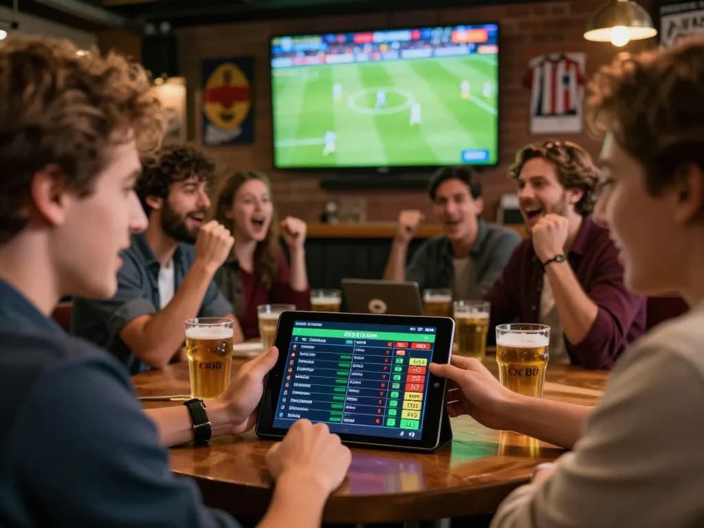 KQBD live betting action with player placing bets on a tablet amidst lively sports bar atmosphere