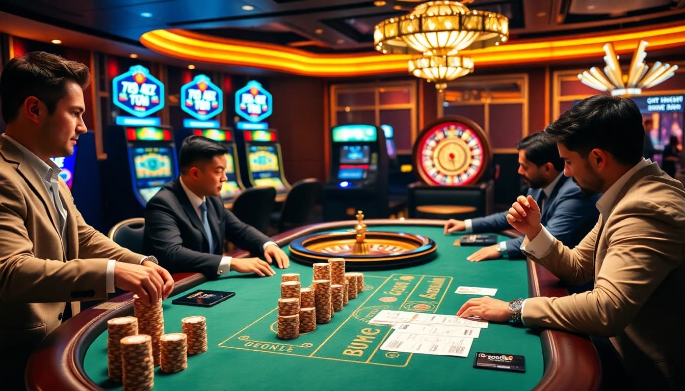 Experience high-stakes poker at good88 in a luxurious casino setting with engaging visuals.