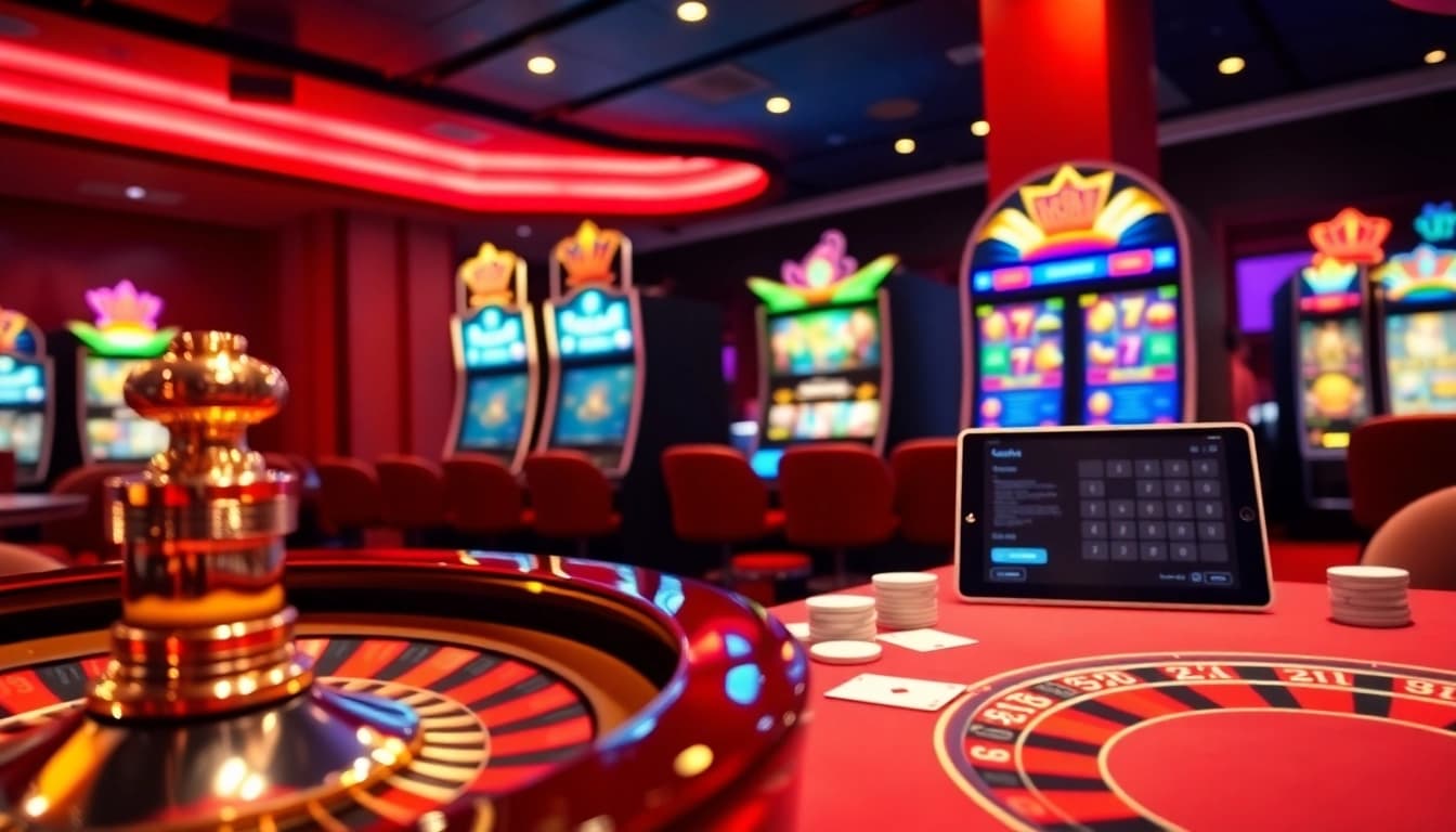Engaging scene of a luxurious casino showcasing gambling elements for Trang chủ vb88, featuring roulette and slot machines.