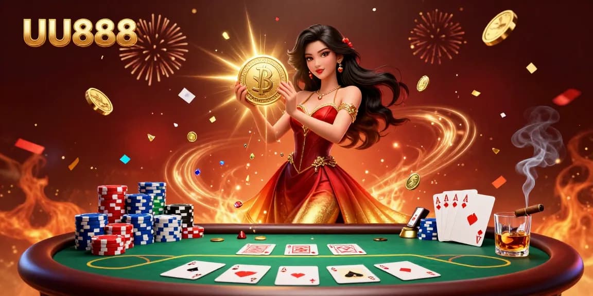 Engage your luck with UU888, capturing a stunning casino moment filled with golden coins and excitement.