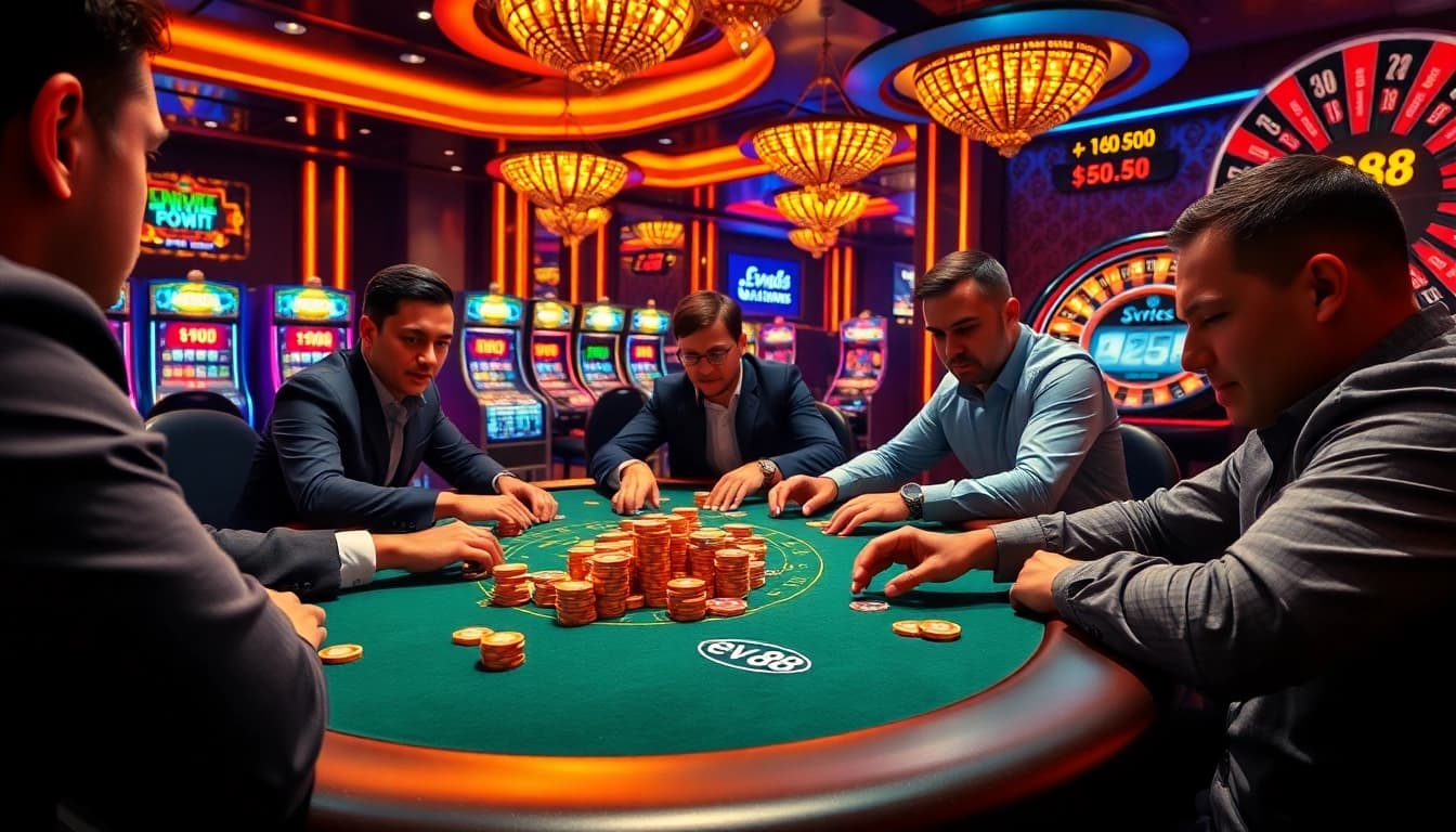 Professional players compete at the EV 88 poker table in a thrilling casino atmosphere.
